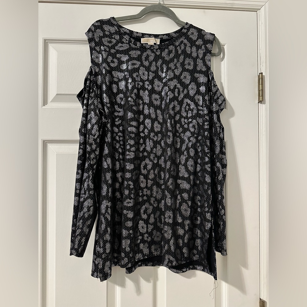 Michael Kors Silver Black Leopard Print Cold Shoulder Tunic Top Dress 2X